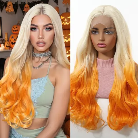 HAIRCUBE-pelucas de Halloween de rubia a naranja, pelucas sintéticas frontales de encaje 13*4, pelo falso ondulado de 26 pulgadas para mujer, uso de Cosplay para fiesta