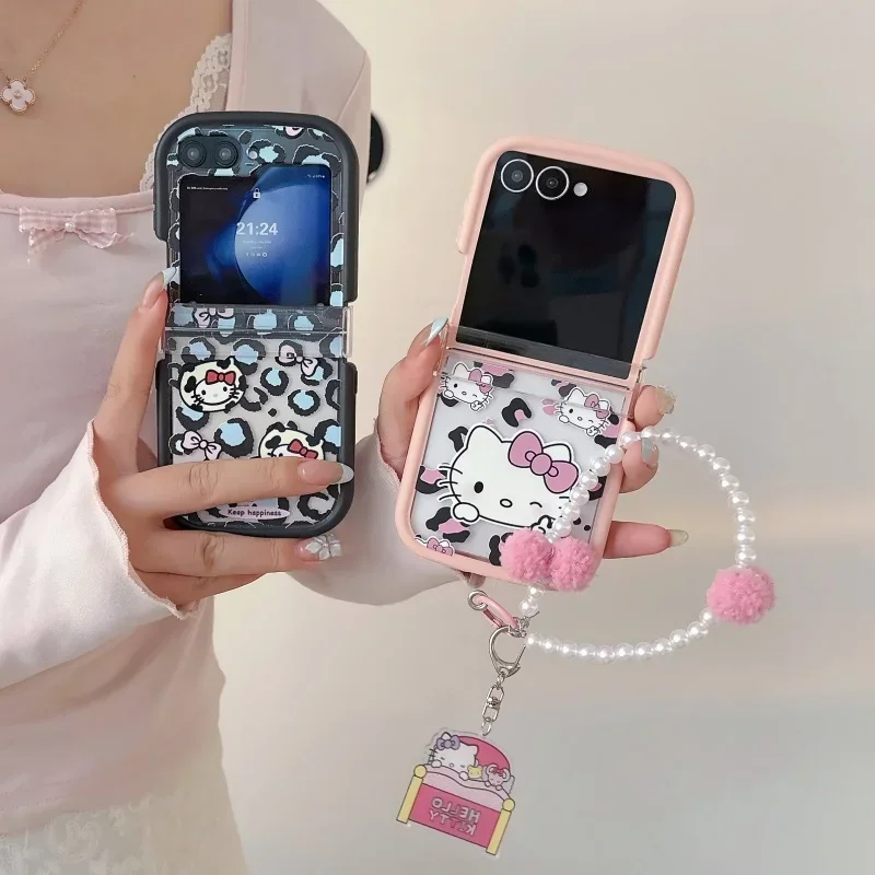 Cute Soap Box Leopard Hello Kitty Phone Case for Samsung Galaxy Z Flip7 6 5 3 4 with Pearl Lanyard Shockproof