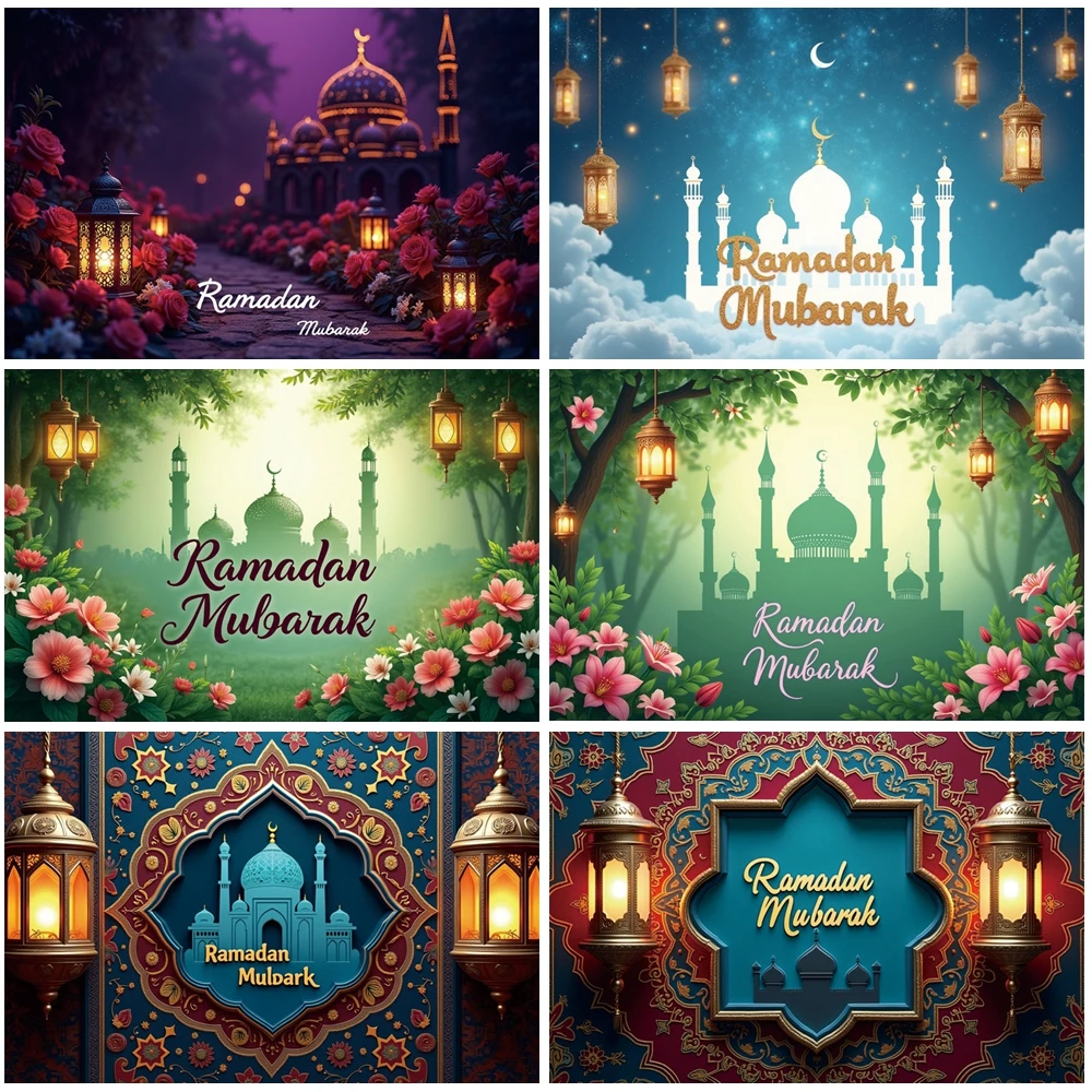 

MOON.QG Ramadan Mubarak Backgrounds For Photographs Mosque Arabian Lanterns Floral Backdrop Wallpaper Decoration Photocall Photo