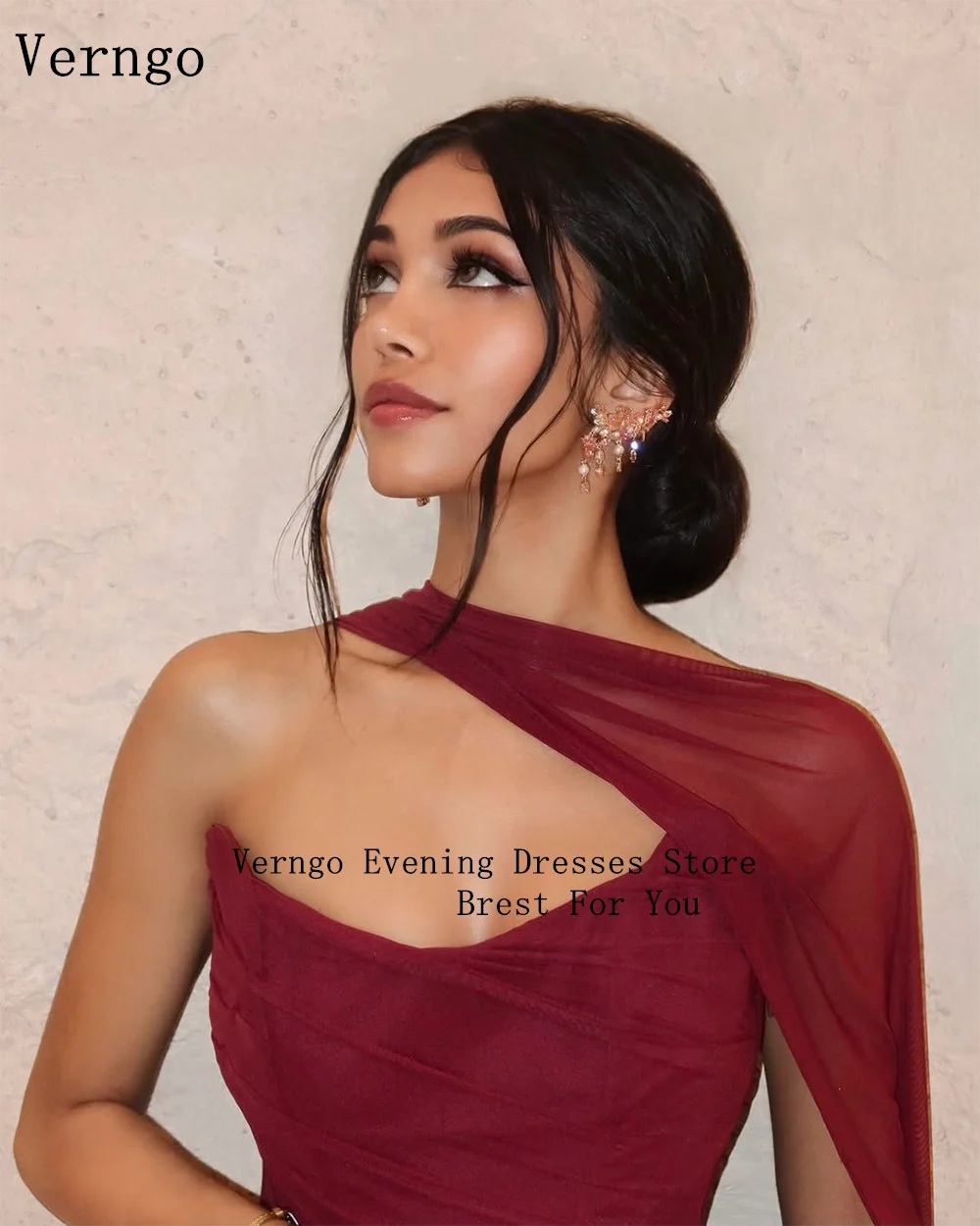 Verngo Elegant Dark Red Chiffon Evening Dress Strapless Mermaid Prom Party Dress Cape Maxi Slim Formal Occasion Dress Customized