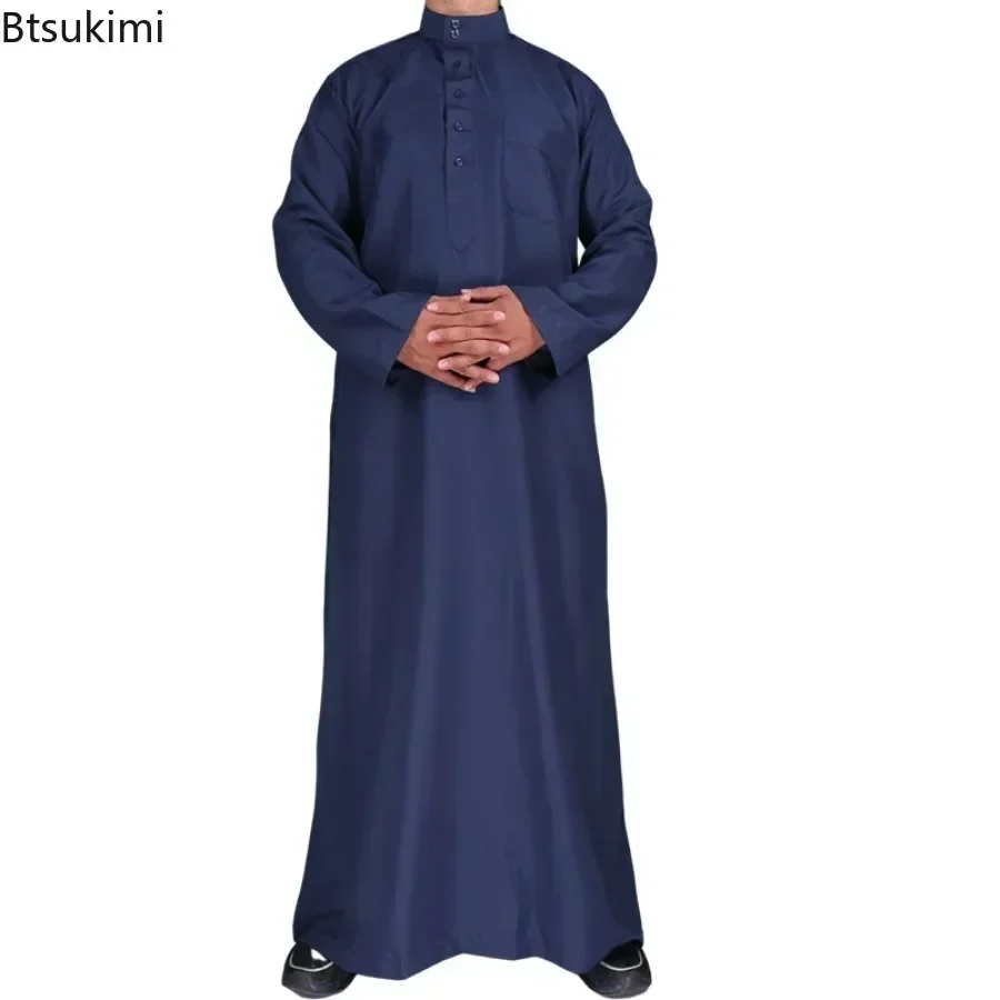 New 2024 Middle East Muslim Men Dress Long Sleeve Jubba Thobe Ramadan Eid Dishdasha Robe Muslim Islamic Kaftans Arab Clothing