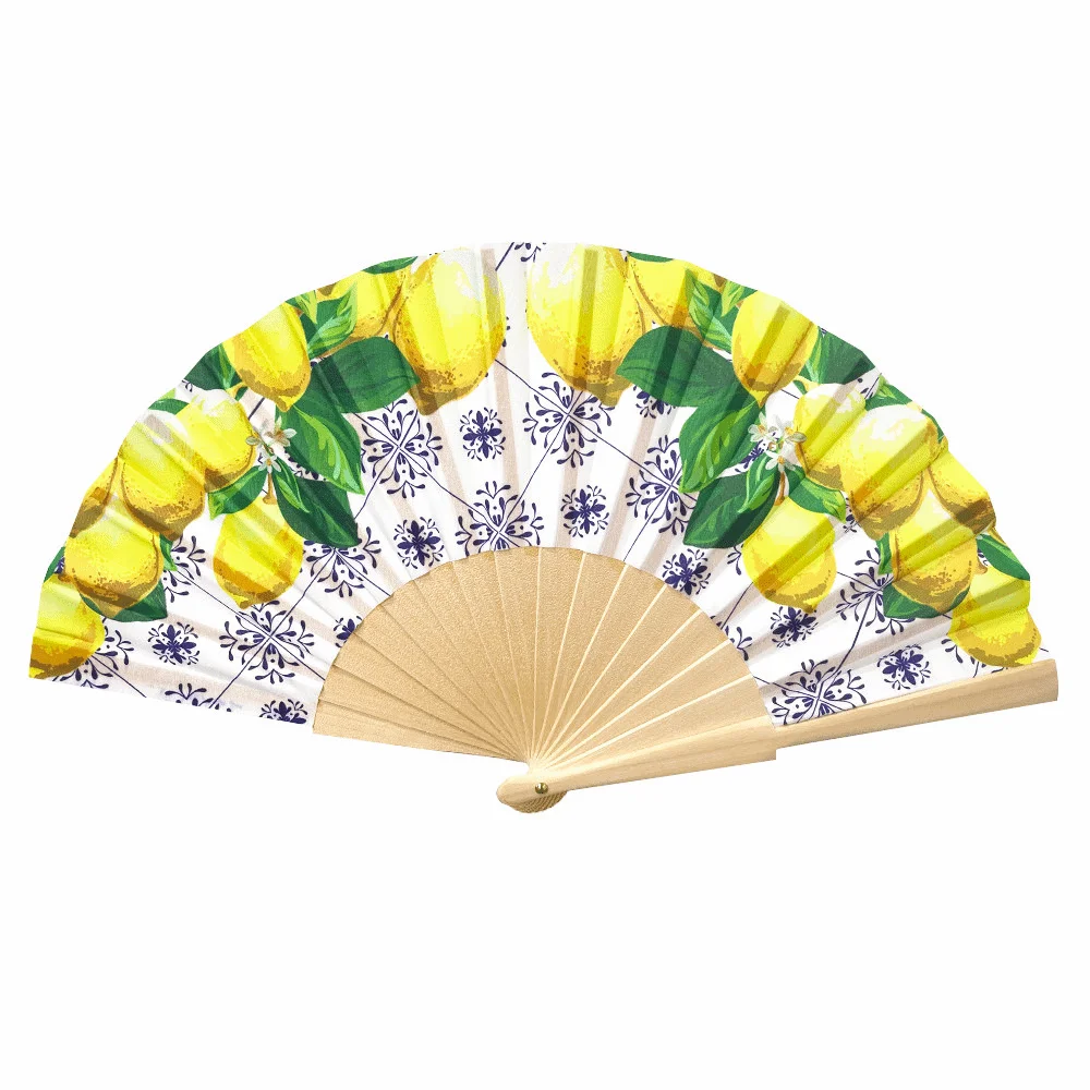 High Quality Portable Folding Hand Fan Simple Lemon Cherry Printed Bamboo Fan Foldable Wooden Handle Fan Party Gifts