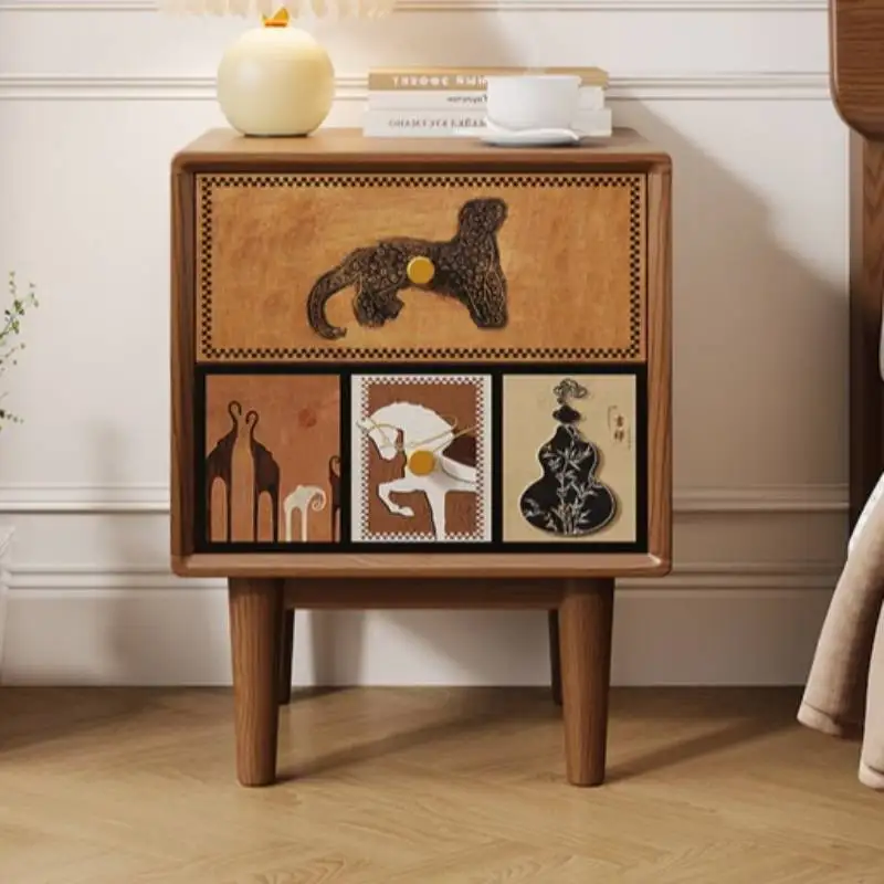 

Designer Minimalist Bedside Table Indian Japanese Beige Grey Nightstand Storage Aesthetics Mesita De Noche Dormitorio Furniture