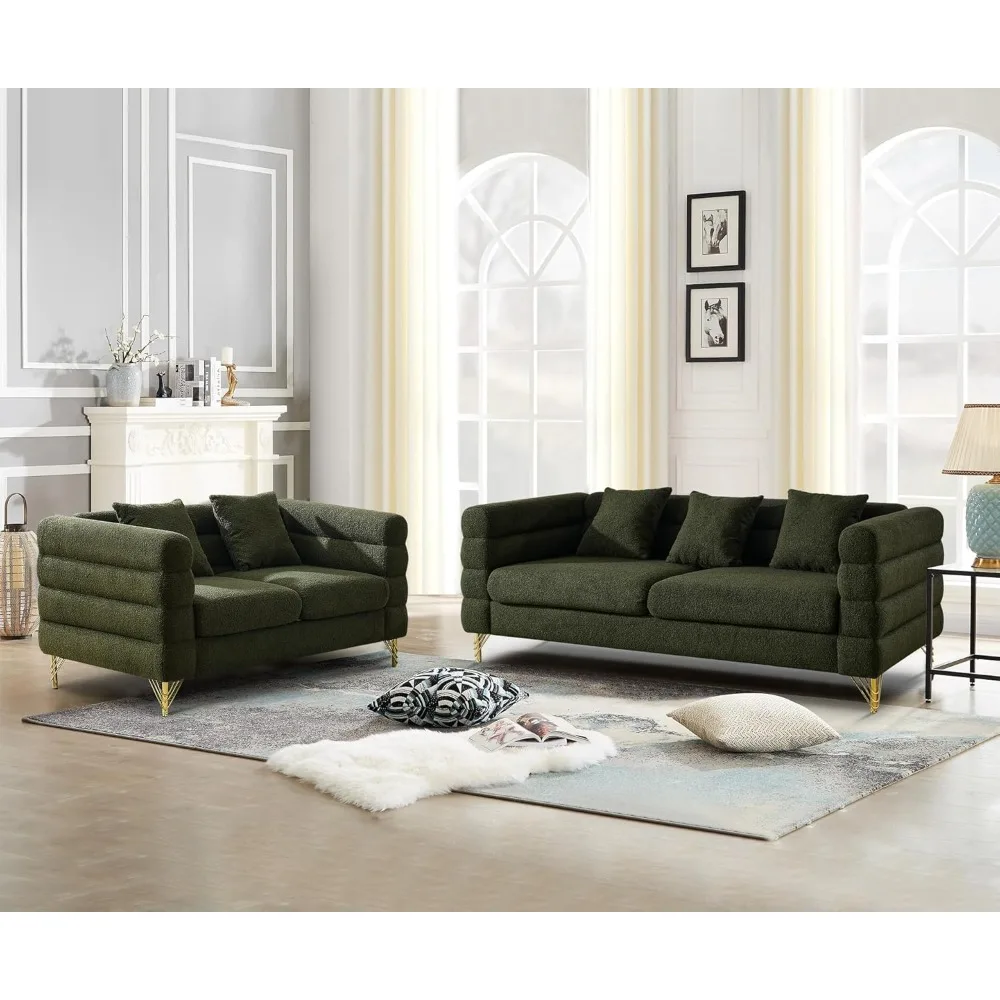 

2 Piece Living Room Sofa Set, Comfy Boucle Couch with Loveseat and 3 Seater, Upholstered Sofa Couch with 2 Pillows and Deep