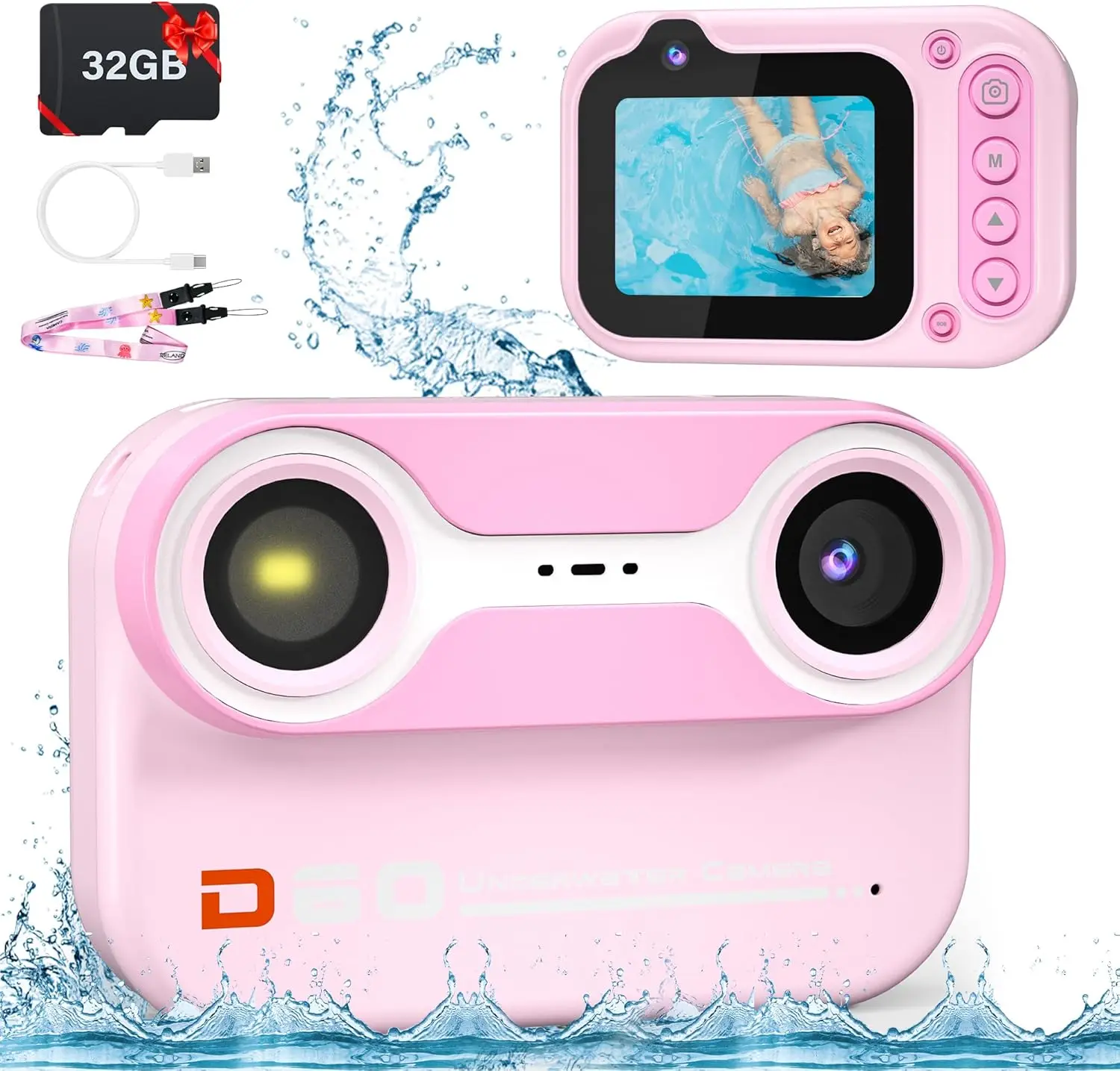 Fotocamera subacquea da 10 piedi per bambini, videocamera 1080P per lo snorkeling, regali di compleanno di Natale, fotocamera digitale per piscina con 32G