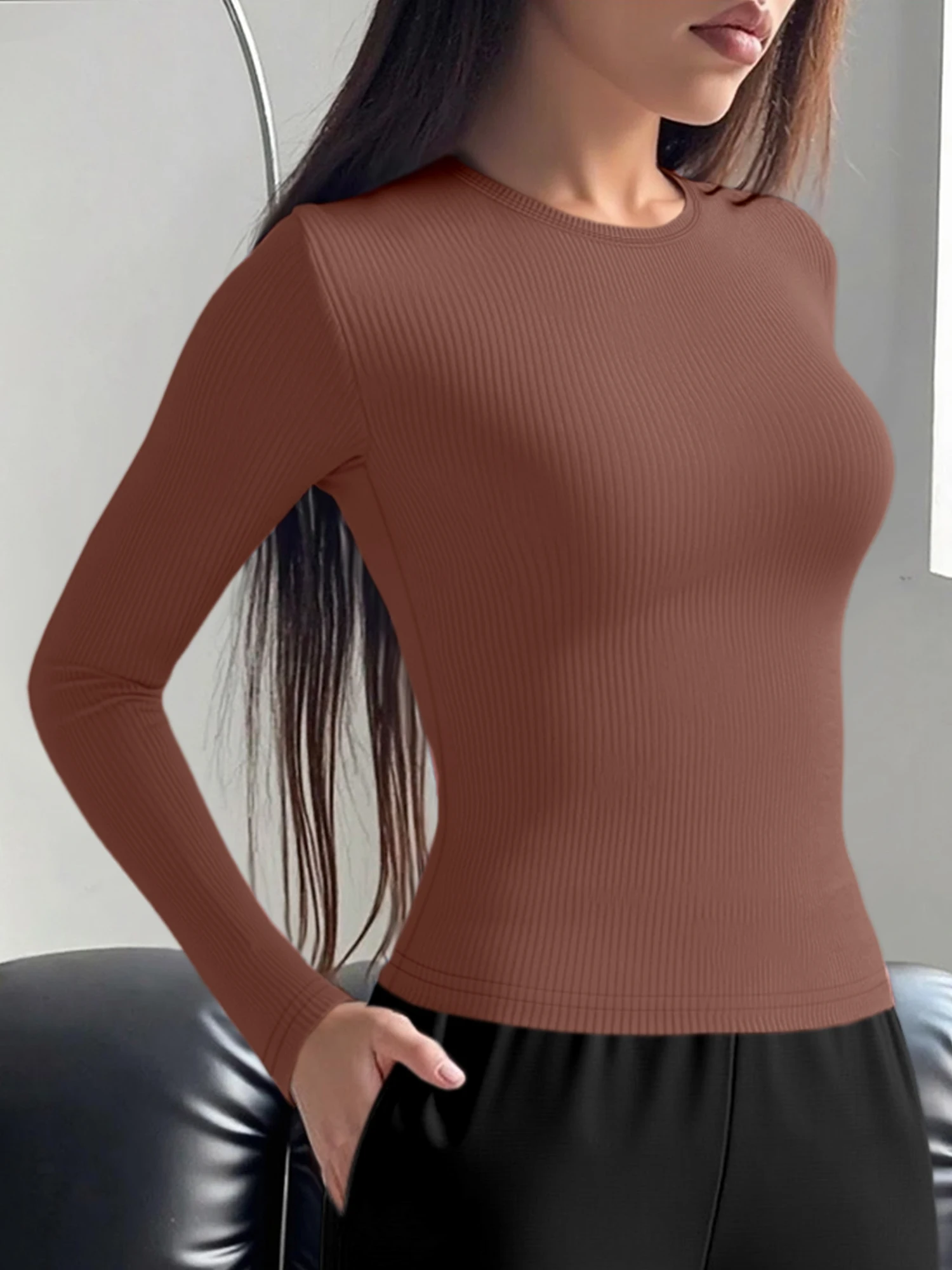 Täglich tragbares Damen-Rippenstrick-Oberteil mit Rundhalsausschnitt und langen Ärmeln, einfarbig, schmal geschnitten, weich, dehnbar, passendes T-Shirt – Detail 7