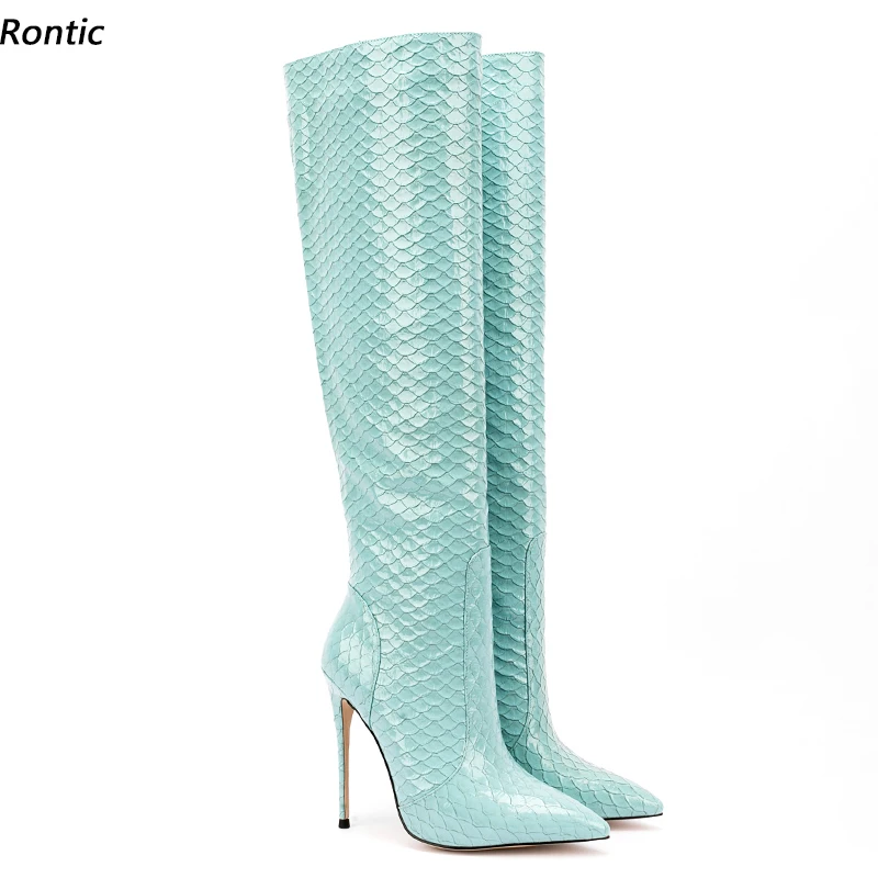 Rontic Women Winter Knee High Boots Fish Scale Side Zipper Stiletto Heels Pointed Toe Light Blue Night Club Shoes Size 35-47