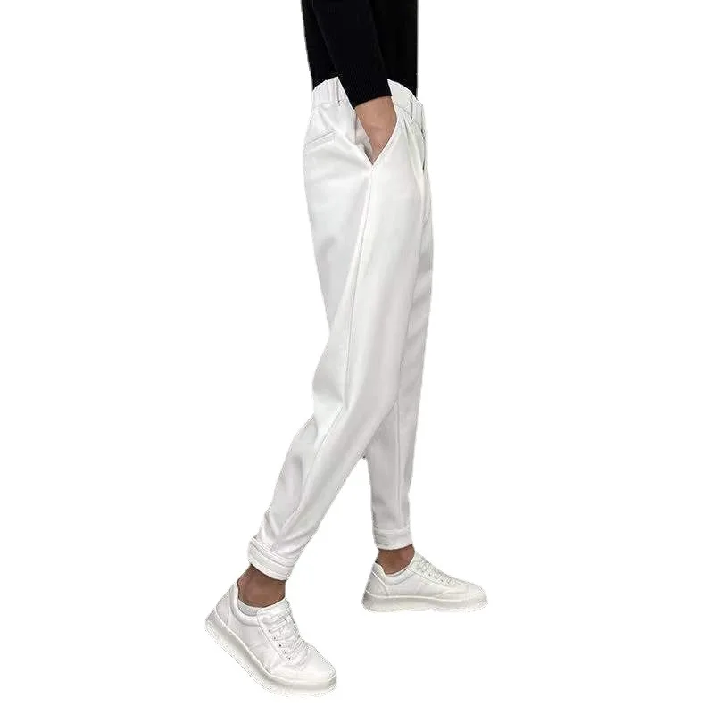 Fashion Men Casual Pants Elastic Waist Small Feet Slim Korean Style Pleated Tapered Male Blazer Pants Trousers Streetwear