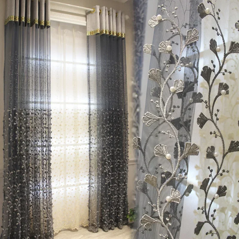 Curtains for Living Room Dining Bedroom Modern Embossed Floating Embroidered Beaded Gauze Finished Yarn Gray Balcony Windows