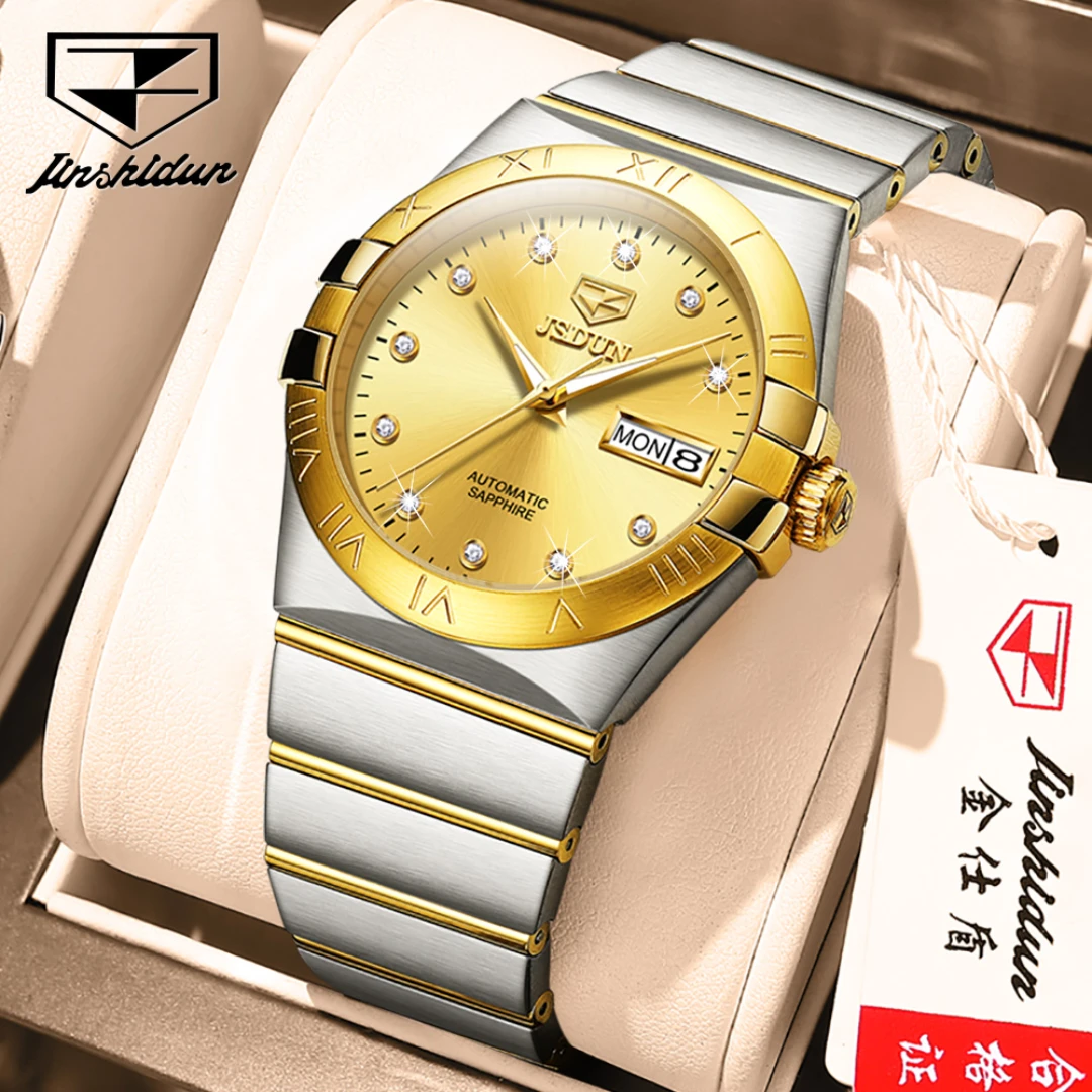 

JSDUN 8848 Fashion Mechanical Watch Gift Stainless Steel Watchband Round-dial Wristwatch Week Display Calendar