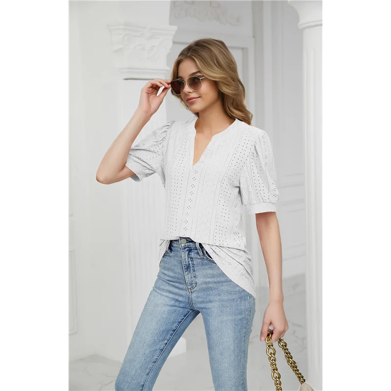 AOAO-Camicie a maniche corte a sbuffo estiva per donna T-shirt con occhielli vestibilità ampia Notch Camicetta a tunica con scollo a V Scava fuori Top da lavoro