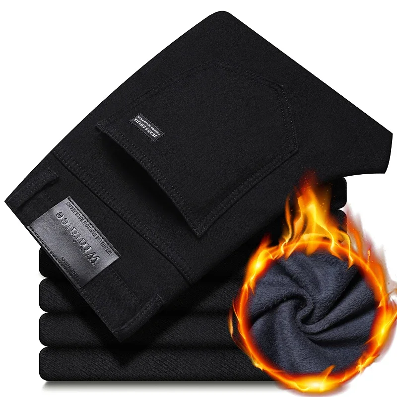 Pantalones vaqueros de lana de invierno para hombre, pantalones vaqueros informales de negocios cálidos de pierna recta de terciopelo clásico, pantalones de trabajo negros a la moda