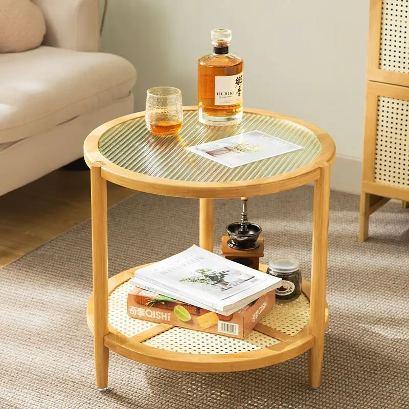 

Wooden rattan sofa coffee table living room center bedside balcony table with glass luxury side table home decoration furniture