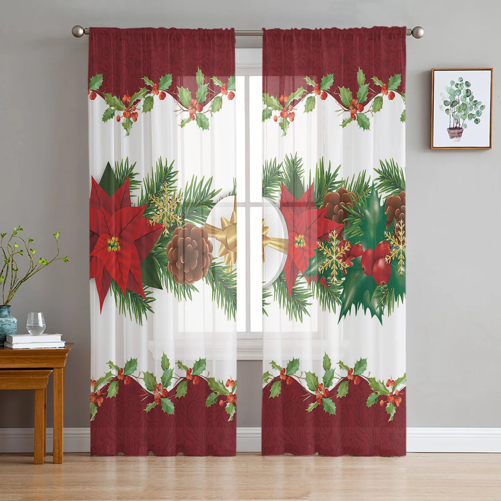 Christmas Winter Pine Cones Bells Tulle Window Curtain  Livingroom Printed Sheer Curtain Home Decor Window Panels Chiffon Drapes