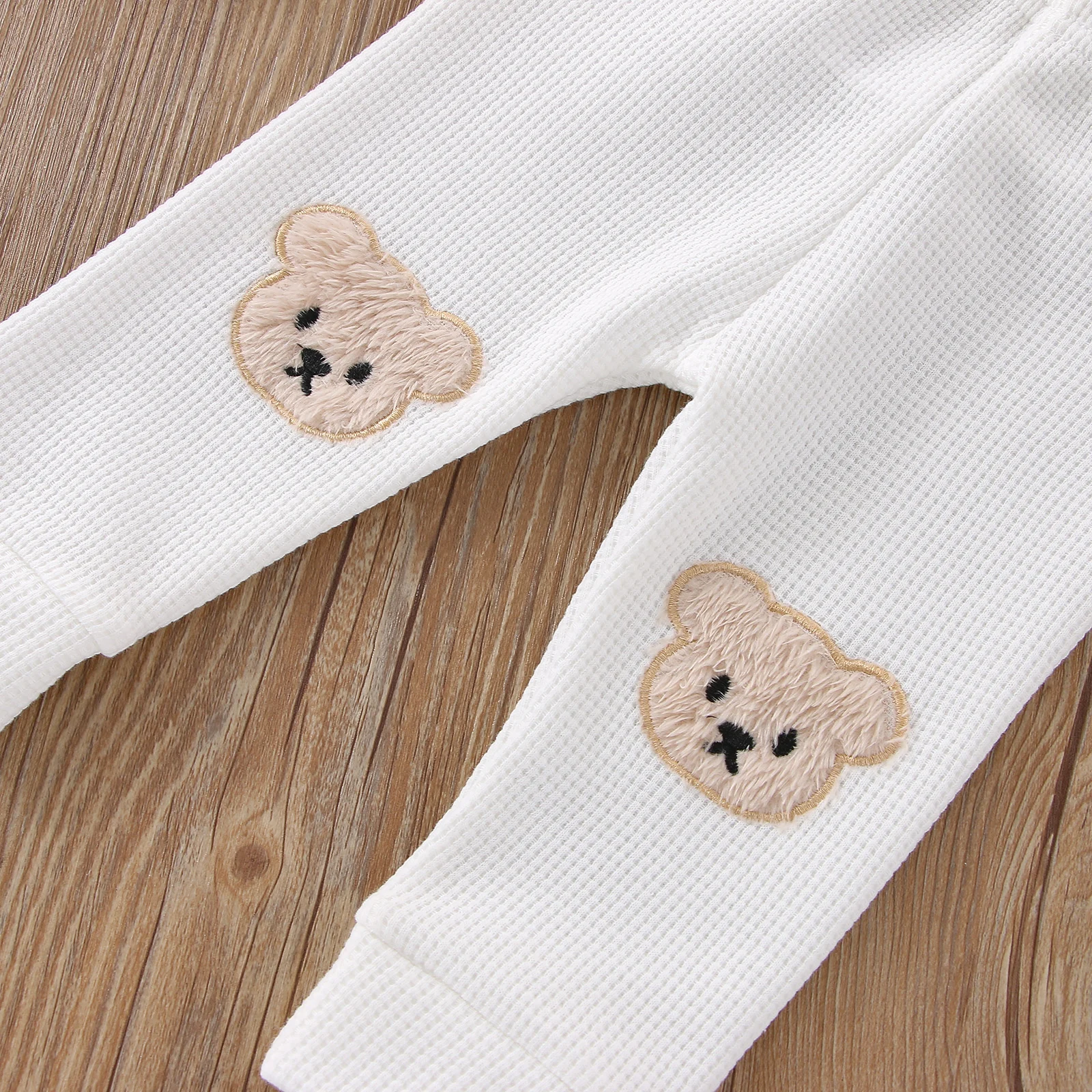 2022-08-04 Lioraitiin 0-3Years Baby Girls Boys Pants, Cartoon Bear Applique Elastic Waist Trousers, Waffle-Knit Pants