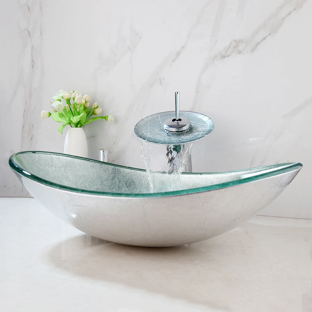 KEMAIDI-Silver Pia De Vidro Temperado para O Banheiro, Counter Top Bowl, Washroom Vessel Vanity, Sink Mixer, Faucet Set