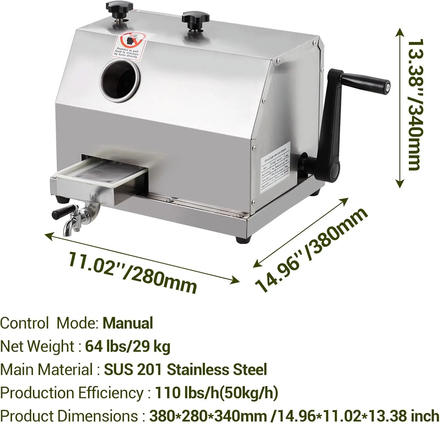 Stainless Steel Manual Sugarcane Juicer, Commercial Grade, 110 LBS/Hour High Output, Triple Rollers, 2.4-Inch Wide Feed Chute, H