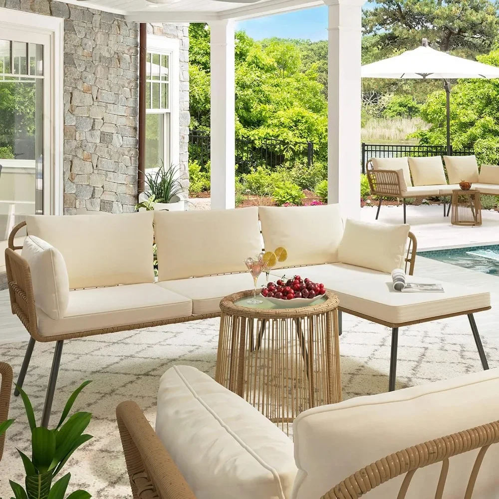 

3 piece patio set, outdoor wicker combination L-shaped sofa with 4 seats, detachable recliner with cushions and coffee table