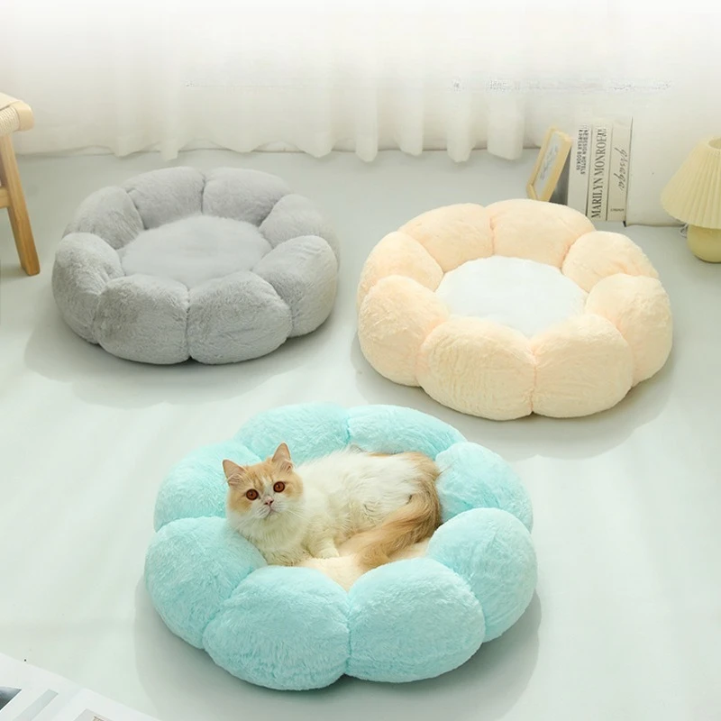 

Плюшевая круглая кровать в форме цветка, теплое зимнее гнездо для кошек и собак, всесезонное использование