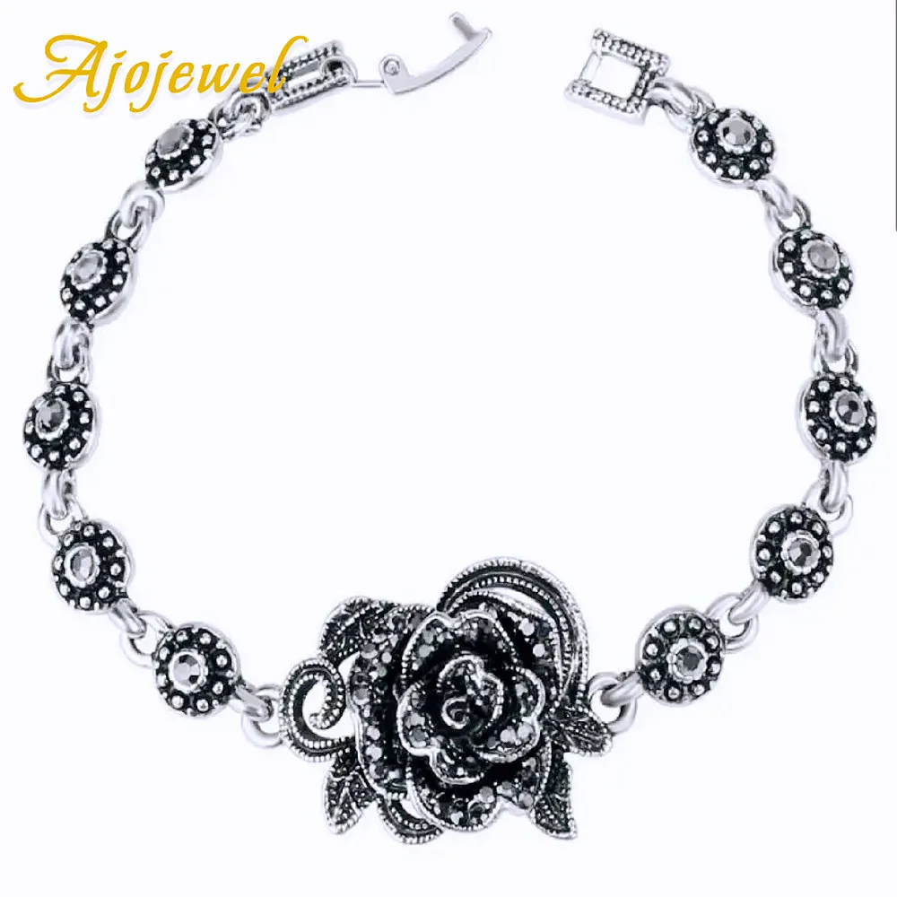 Ajojewel Black Rhinestone Rose Flower Bracelet Vintage Jewelry For Women High Quality Nice Gift 2025 New