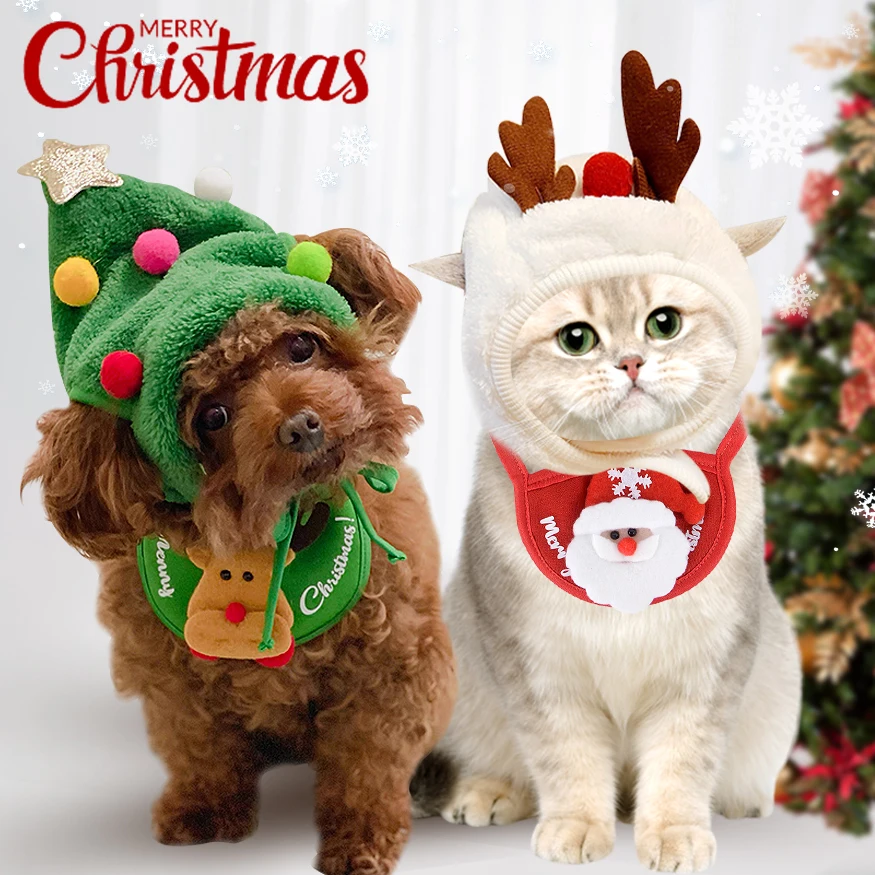 Christmas Pet Hat Cute Dog Cat Santa Cap Bandana Scarf Bibs Antlers Saliva Towel Merry Xmas Party Costume Ornaments Cosplay Prop