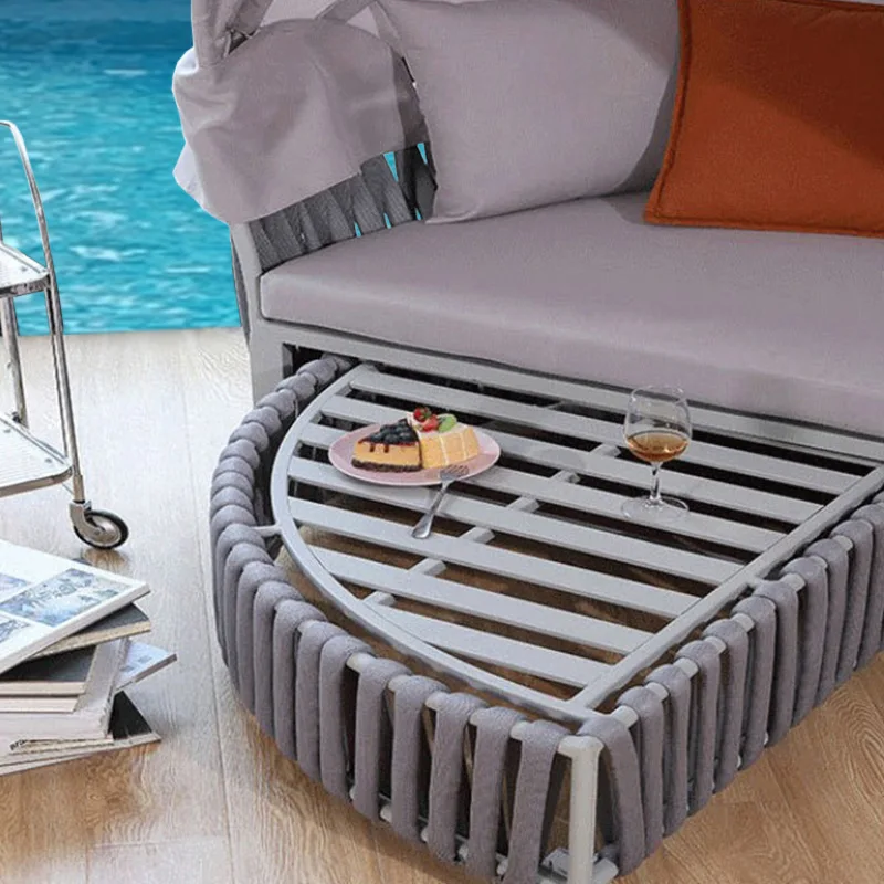 Custom Modern Outdoor Rattan Bed With Cushions Waterproof Sunscreen Aluminum Frame Rotating Storage For Patio Terrace Pool