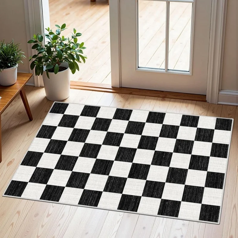 Black White Square Checkered Doormat Classic Simple Grid Geometric Print Non Slip Floor Mat for Entryway Kitchen