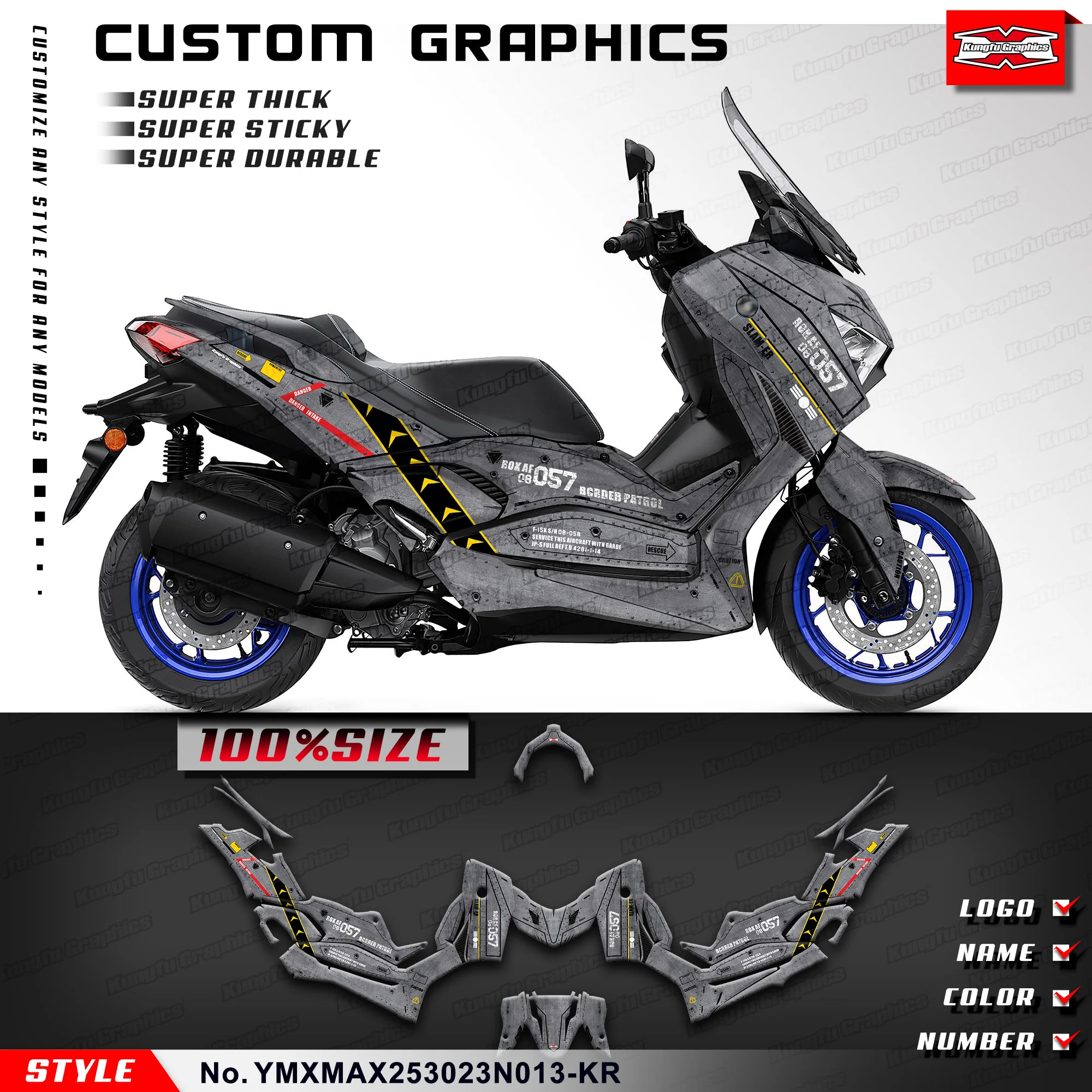 KUNGFU GRAPHICS Aftermarket Decals Stickers Vinyl for Yamaha XMAX 250 300 2023 2024 Grey, YMXMAX253023N013-KR
