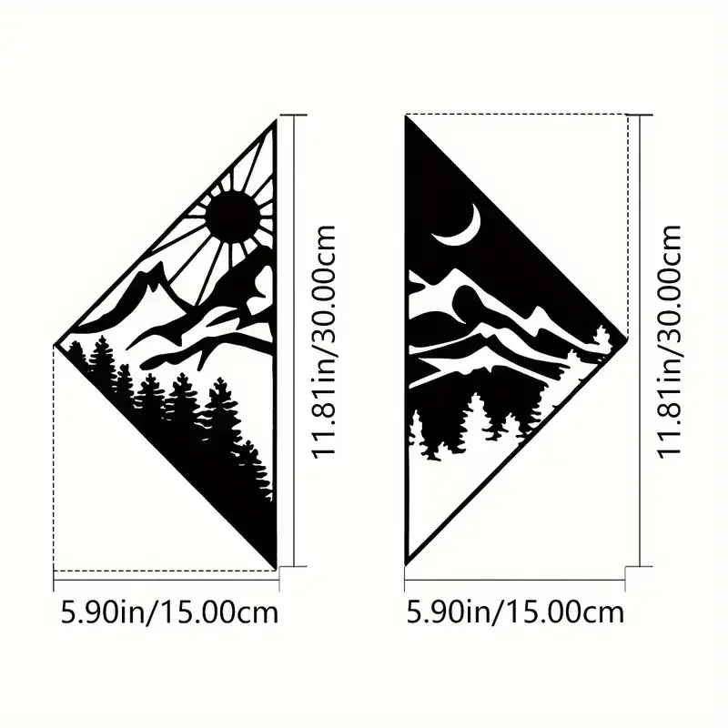 2 Stück Bergfluss Sonne und Mond Heimdekoration Metall Wandbehang Dekor, moderne Wanddekoration Aufkleber Wandbild Wandmontage Kunst