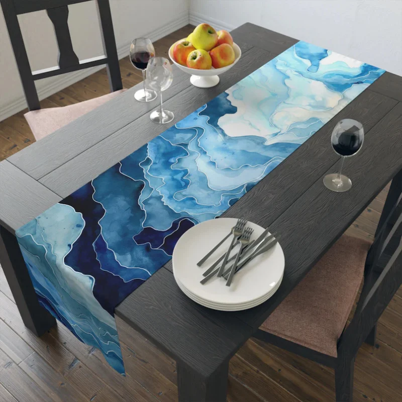 VIKAMA Gradient Blue Ocean Watercolor Table Runner Mediterranean Coastal Style Dining Table Runner Home Party Wedding Decor