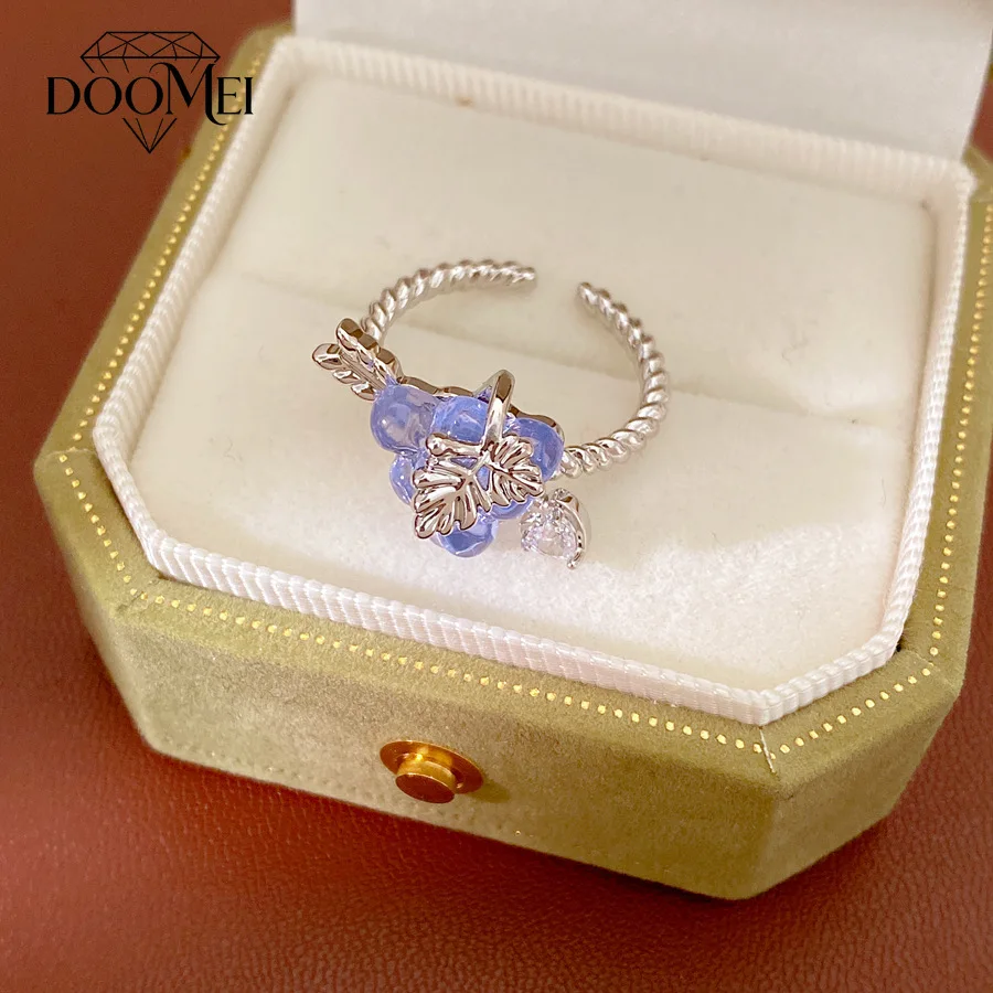 DOO MEI Cute Blue Grape Shape Open Ring Versatile Zircon Index Finger Ring Fashion Trend Worn By Women for Daily Gatherings