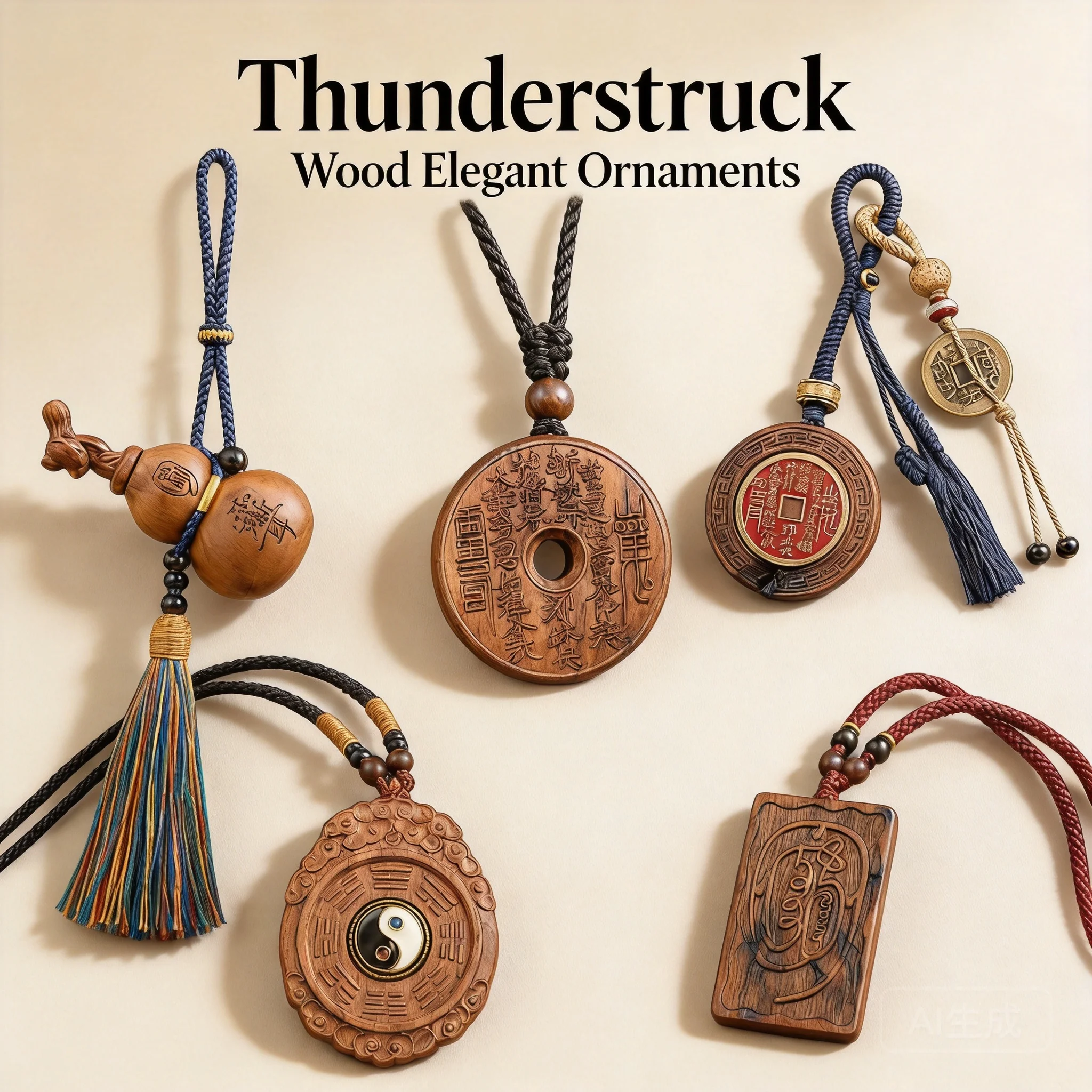 Hand Carved Chinese Style Thunder Struck Wood Lucky Amulet Shan Gui Coin Peace Buckle Bagua Fortune Gourd Pendant Blessing Wealt