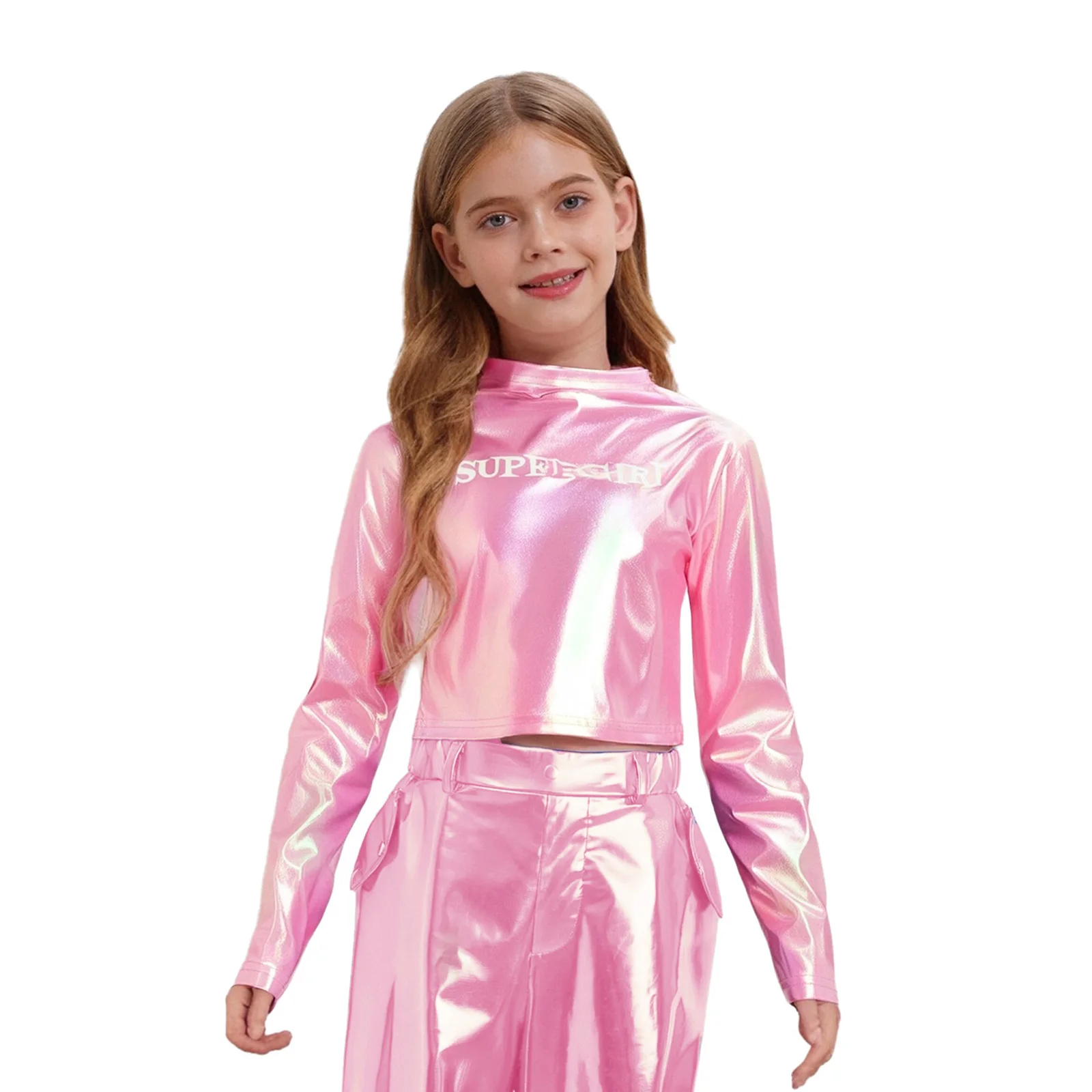 

Kids Girls Shirt Hip-Hop Jazz Dance Tops Letter Printed Metallic Crew Neck Long Sleeve Crop Top for Party Stage Performance