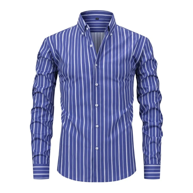 Spring Autumn Men's Printed Striped Long Sleeve Lapel Shirt Fashion Business Casual Slim Fit Shirt