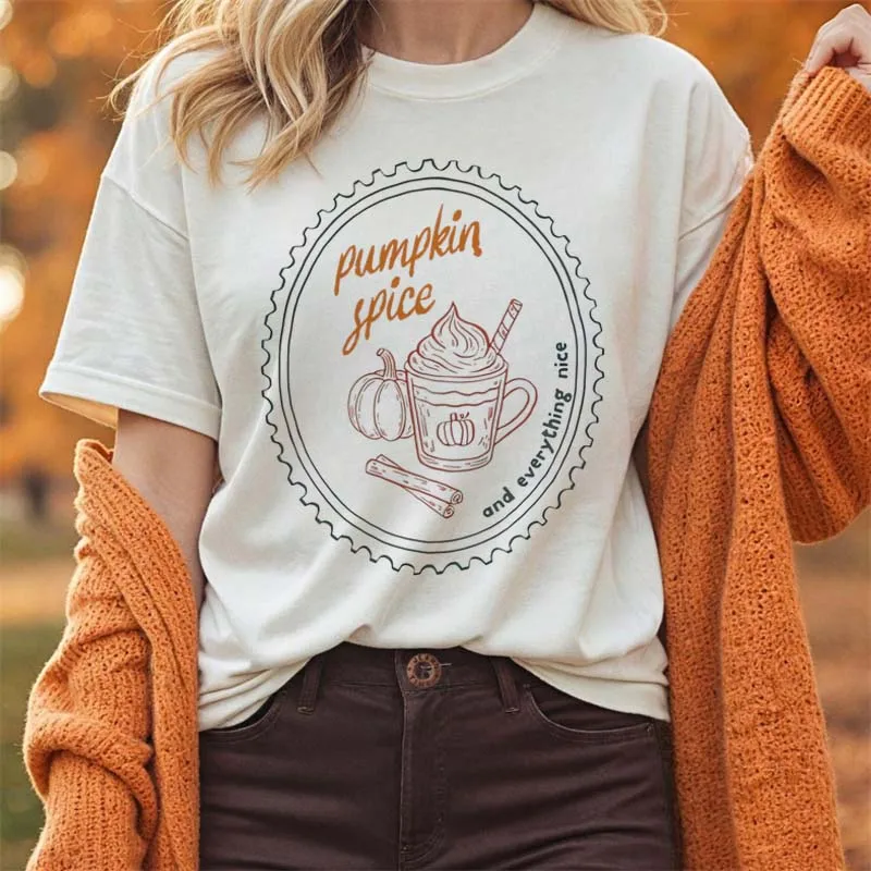 Women's Street Pumpkin Spice and Everything Nice Pattern Cute T-Shirt Short Sleeve Casual Autumn Round Neck Women's T-Shirt