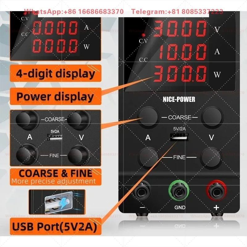 Black USB 4Digits Adjustable Laboratory DC Power Supply 30V 10A Regulated Switching Power Supplies 60V/120V 3A Repair PCB
