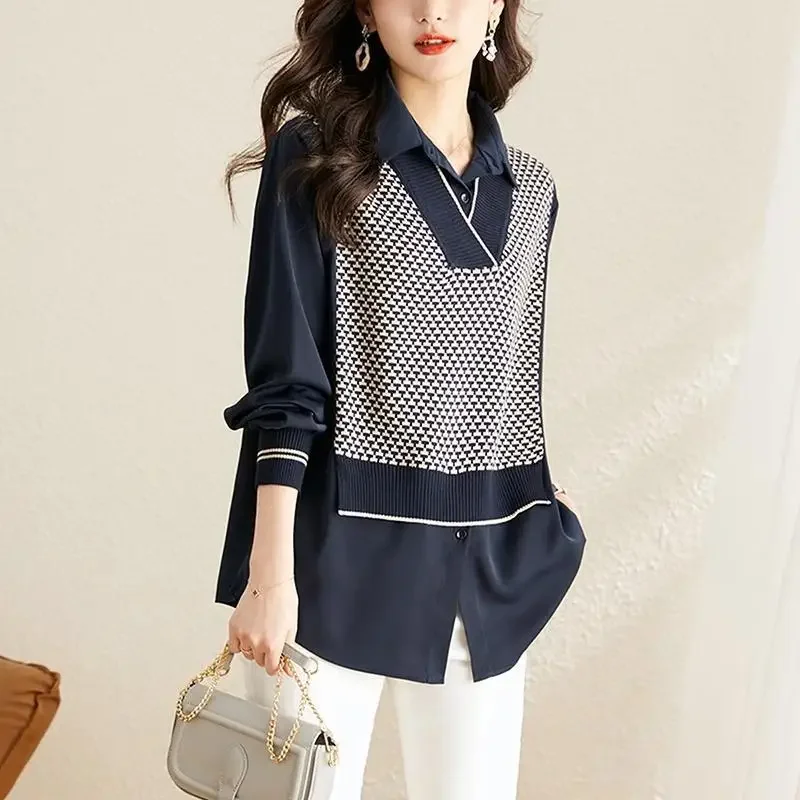 

Свитер с воротником, ранний осенний свитер, топы с длинными рукавами, осенний новый высококачественный топ в западном стиле, искусственный вязаный свитер из двух частей, рубашка