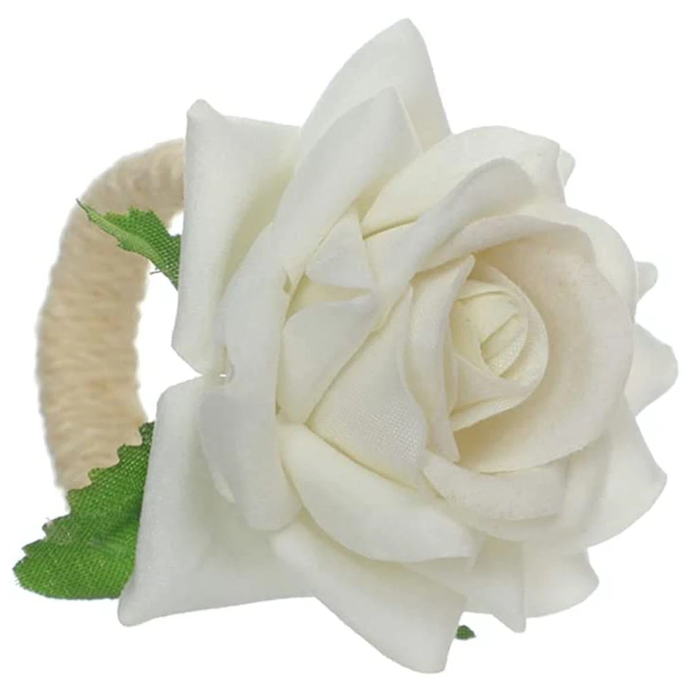 6Pcs Rose Flower Napkin Rings,Handicraft Silk Flower Napkin Holder,Valentine's,Dinner Tables Decoration (White)