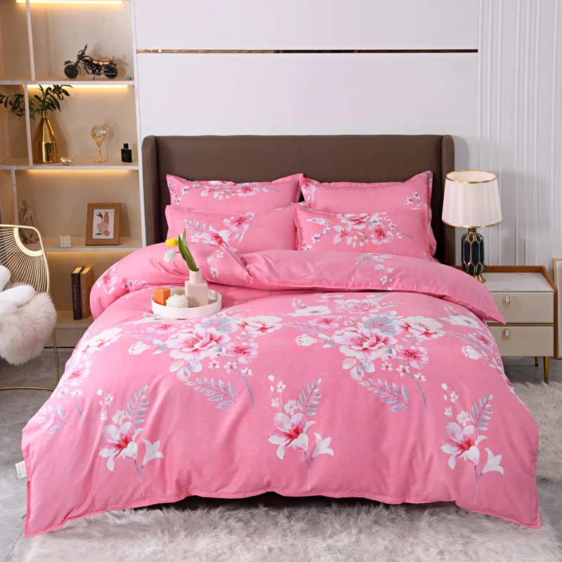 Pink Floral Pattern Duvet Cover Bedding Set King Size,Microfiber Soft Quilt Cover with Pillowcases Single Double,Flat Sheet