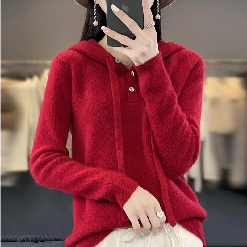 100% Wool Soft Sweater Women\'s Autumn Winter Long-sleeved Hooded Collar Pullover Solid Loose Thick Bottoming Warm Shirt Top