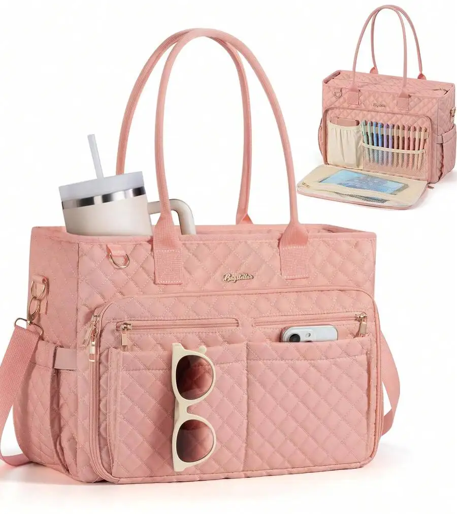 

Стеганая розовая сумка-тоут с множеством карманов для ноутбука, телефона, солнцезащитных очков и необходимых вещей