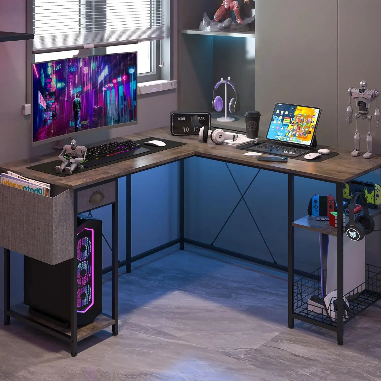 Household Double Computer Desk Large Capacity Corner Storage Rack Office Iron Wood Desk with Drawer Desk