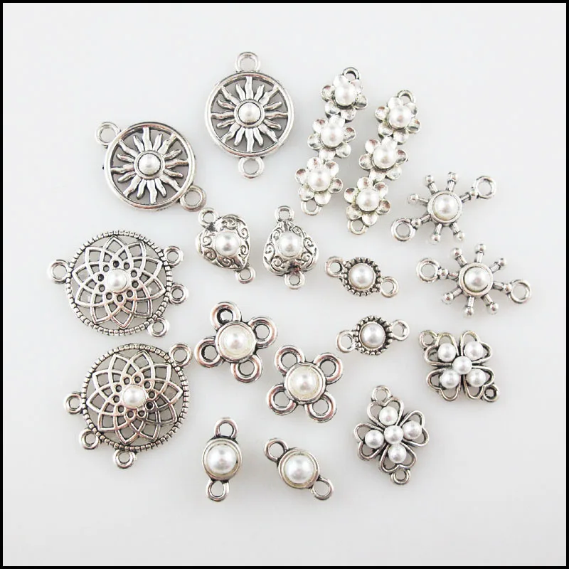 Fashion New Star Flower Round Clover Round Charms White Plastic Pendants Connectors Tibetan Silver Plated
