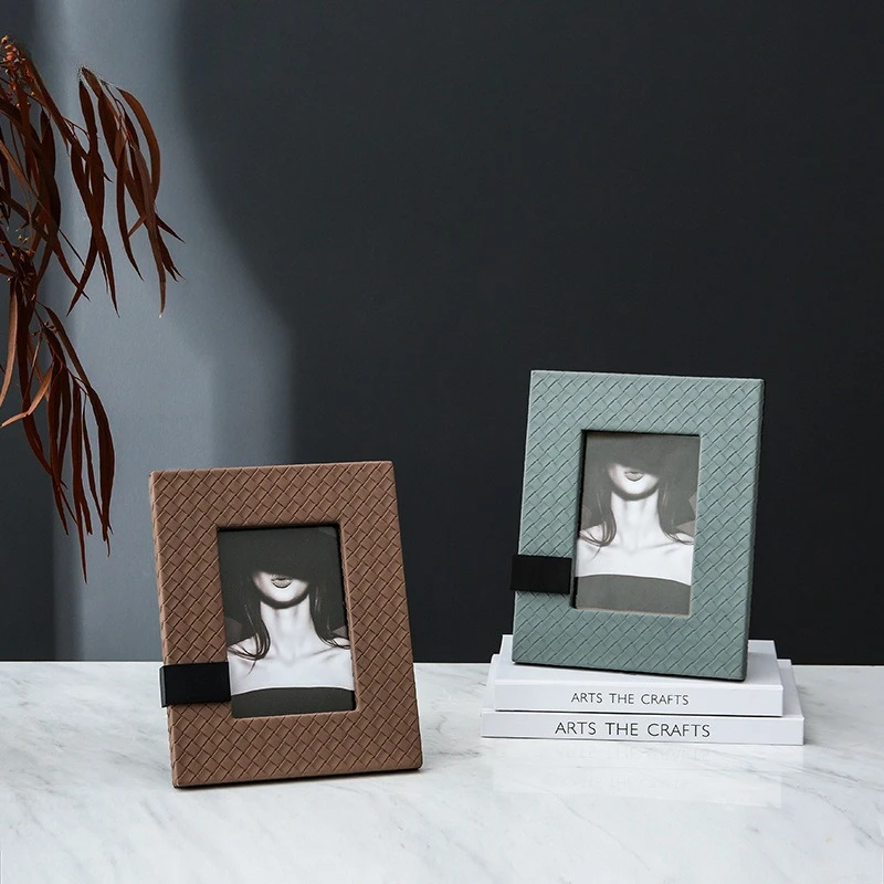 Textured Leather Photo Frame Model Room Hotel Bedroom Dresser Bedside Table Tabletop Ornament Woven Wood