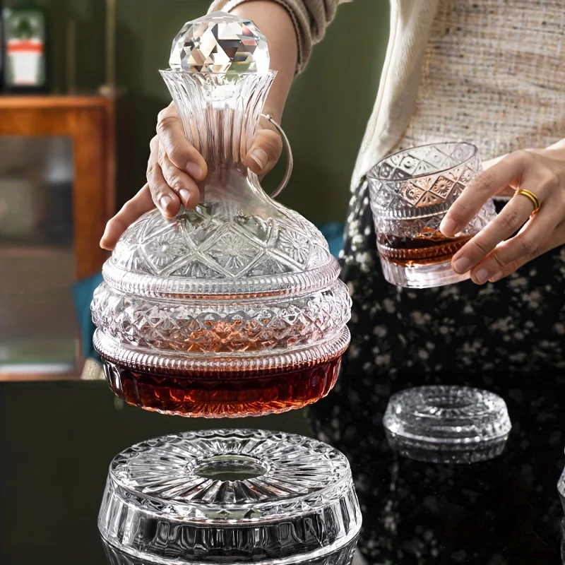 Crystal Wine Decanter Elegant Handcrafted Glass Wine Decanter Set - Rotating Wine Aerator, Spinning Whiskey Carafe
