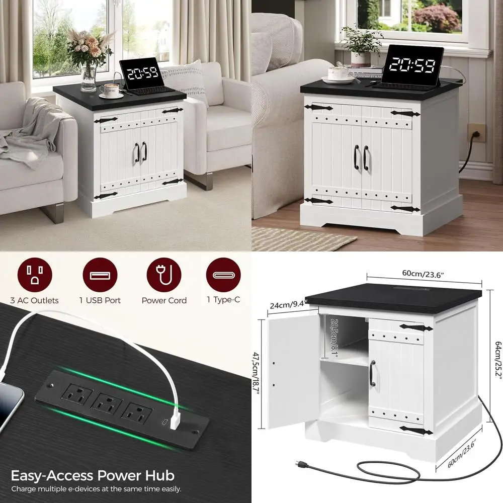 

Прикроватная тумба-столик в стиле фермерского дома с зарядной станцией, 23,6 дюйма, с дверцей-распашной, регулируемой полкой, для гостиной/спальни, W