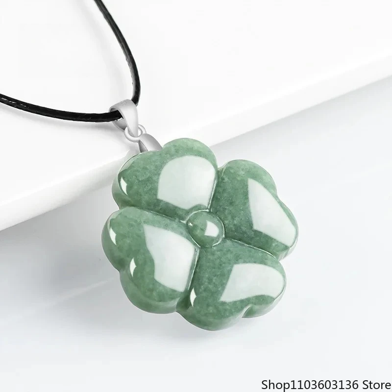 Myanmar A-goods Jadeite Four-leaf Clover Pendant S925 Silver Buckle Head Bean Seed Jade Necklace Men and Women Holiday Gift