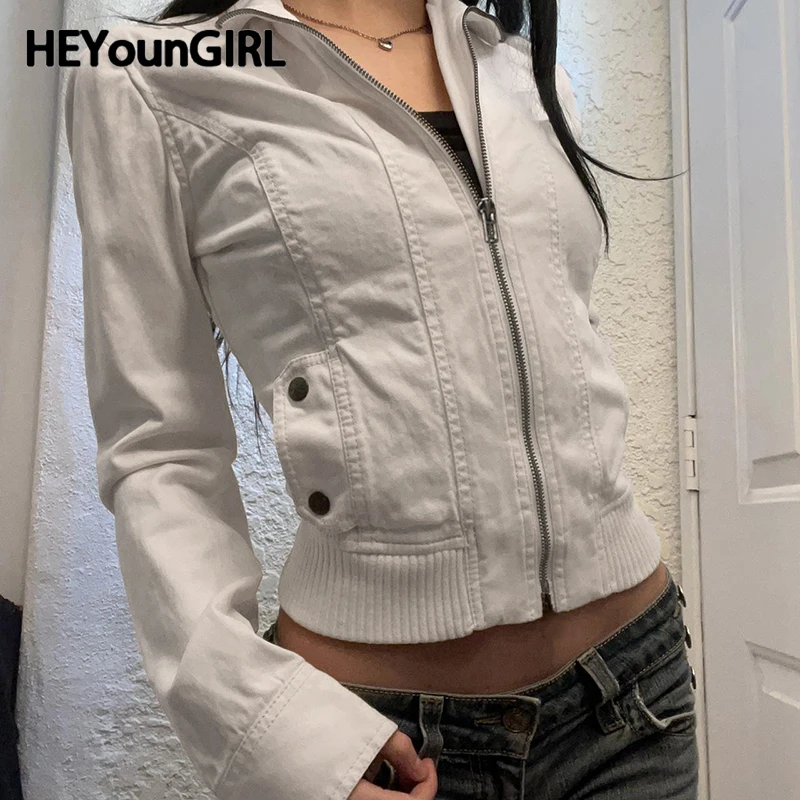 Heyoungirl Winter Amerikaanse Retro Rits Jas Y 2K Mode Slim Fit Effen Minimalistisch Jasje Met Zak Grunge Casual Vrouwen Outfit