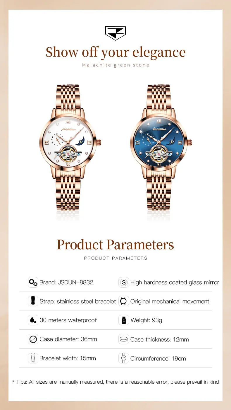 JSDUN Original Lady Automatic Mechanical Wrist Watch Waterproof Moon Phase Fashion Women Watches High Quality Watch for Women