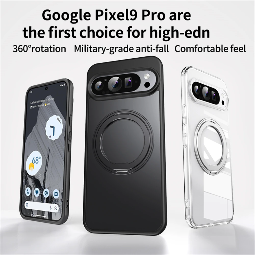 For Google Pixel 9 Pro XL Case 2024 Transparent With Magsafe 360 Ring Kickstand Magnetic Back Cover Protection Shockproof Coque